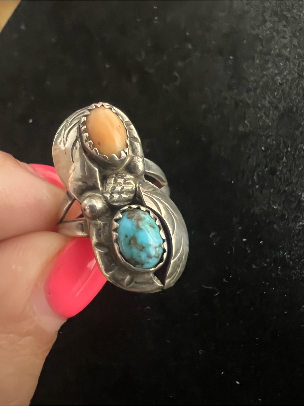 Vintage Navajo Jimmy Whitegoat Sterling silver turquoise and coral ring